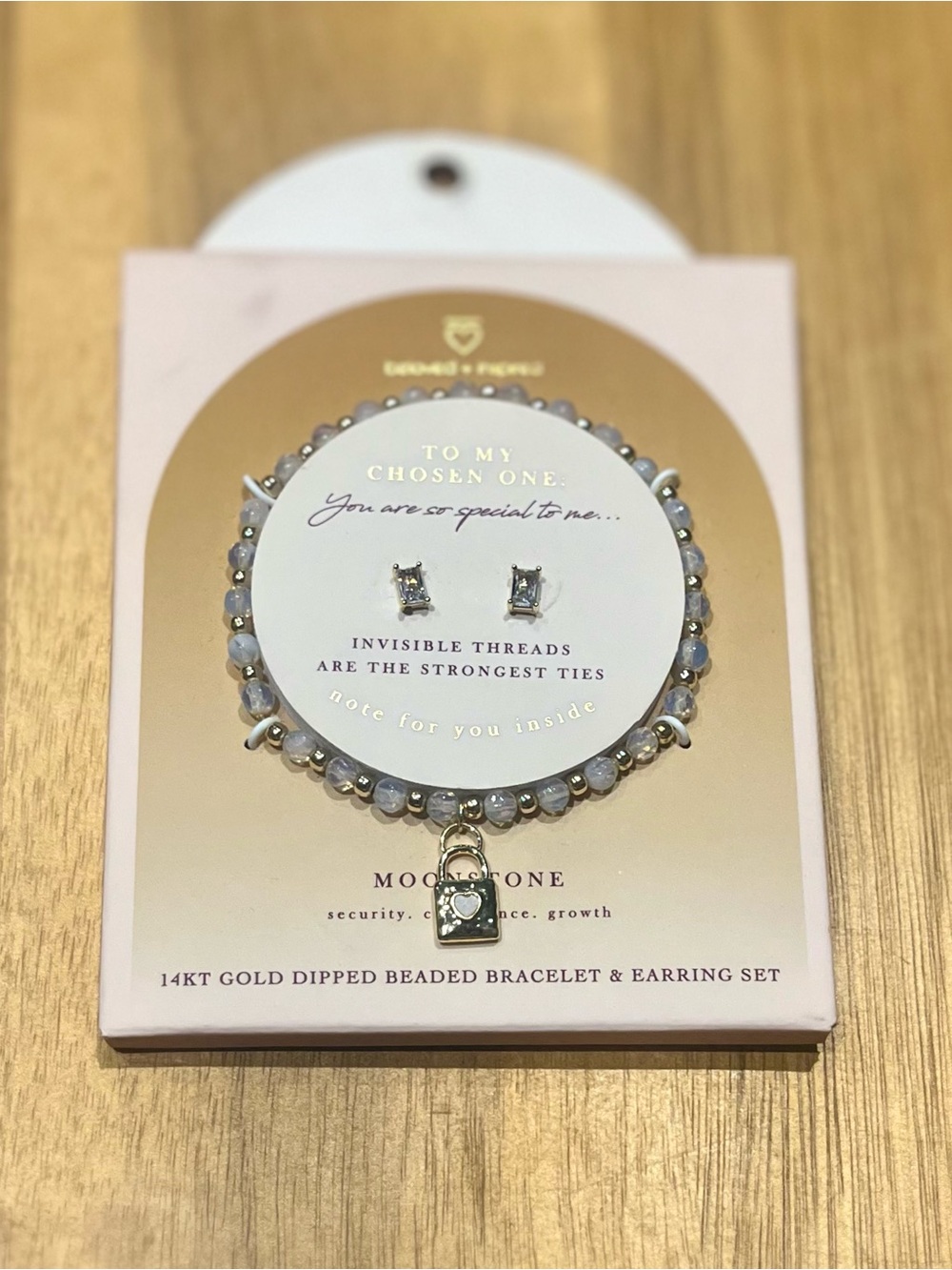 14KT Gold Dipped Moonstone Beaded Bracelet & Earring Set - "To My Chosen One"